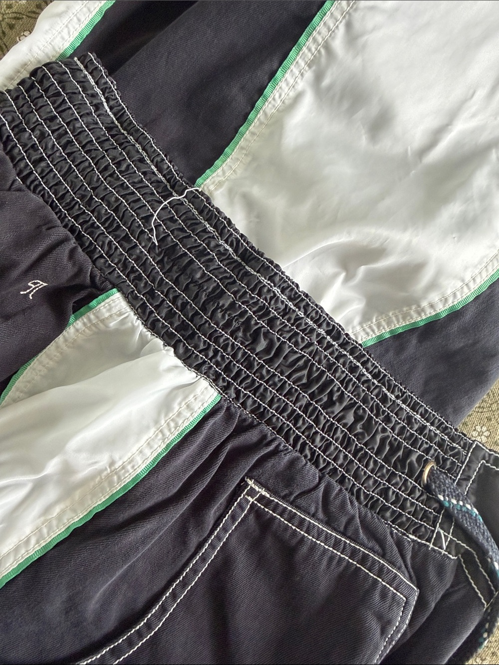 Pilcro Black, White and Green Wide-Leg Drawstring Track-Style Denim Pants - Picture 3 of 5